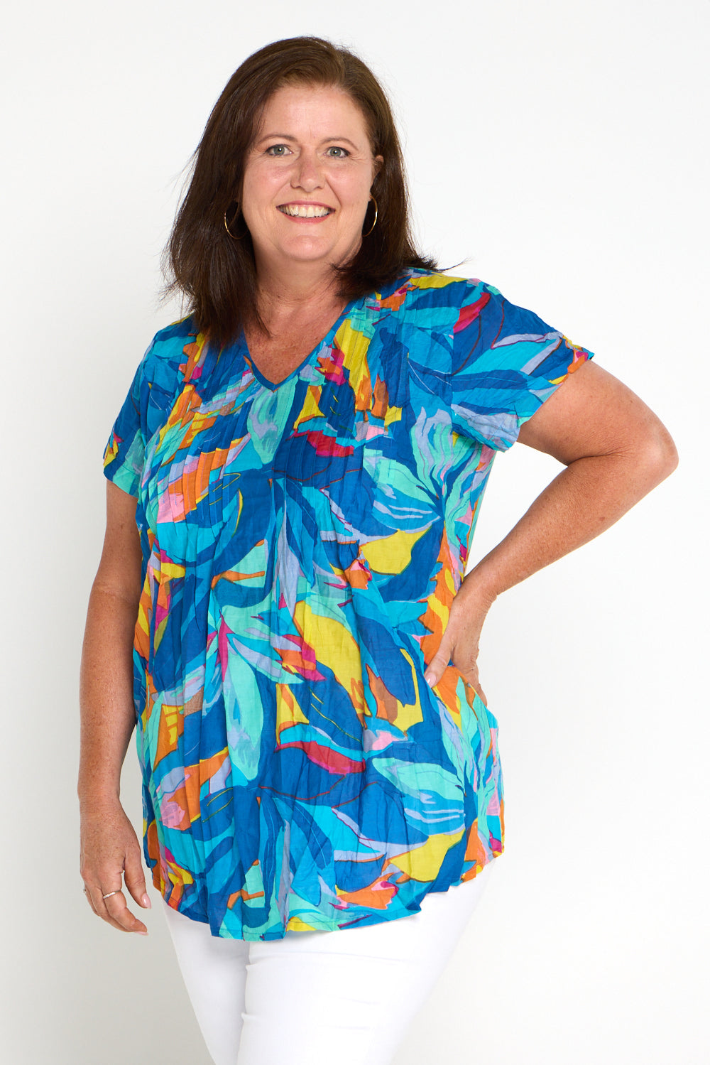Kayla Cotton Short Sleeve Top - Bright Orange & Blue Leaves