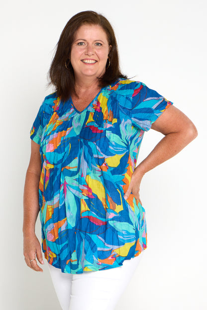 Kayla Cotton Short Sleeve Top - Bright Orange & Blue Leaves