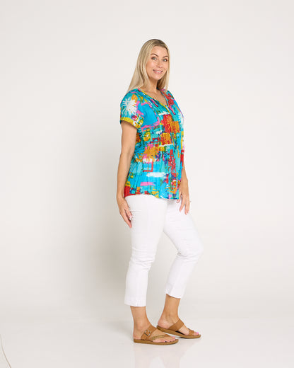 Kayla Cotton Short Sleeve Top - Painted Palms