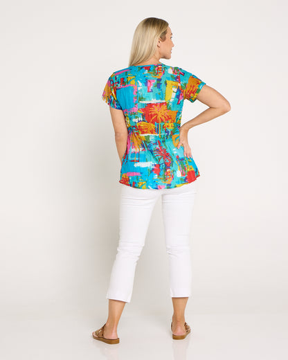 Kayla Cotton Short Sleeve Top - Painted Palms