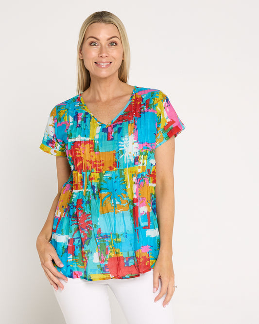 Kayla Cotton Short Sleeve Top - Painted Palms