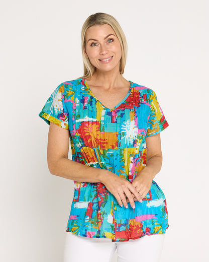 Kayla Cotton Short Sleeve Top - Painted Palms