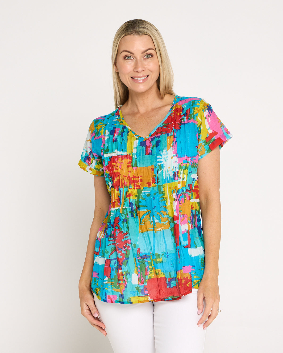 Kayla Cotton Short Sleeve Top - Painted Palms