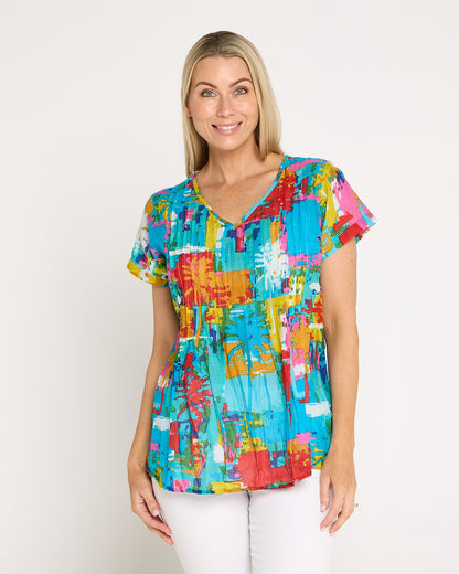 Kayla Cotton Short Sleeve Top - Painted Palms