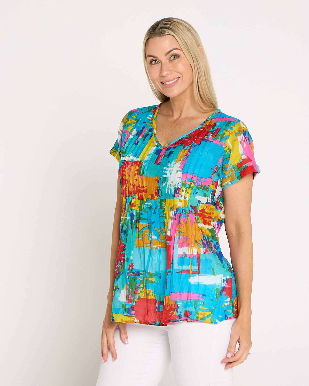 Kayla Cotton Short Sleeve Top - Painted Palms