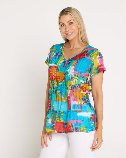 Kayla Cotton Short Sleeve Top - Painted Palms