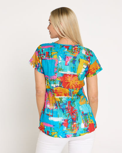 Kayla Cotton Short Sleeve Top - Painted Palms