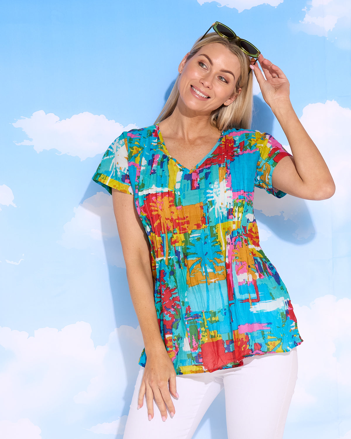 Kayla Cotton Short Sleeve Top - Painted Palms