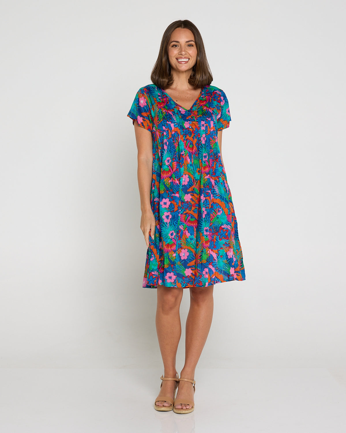 Nicola Cap Sleeve Cotton Dress - Macau Tropical