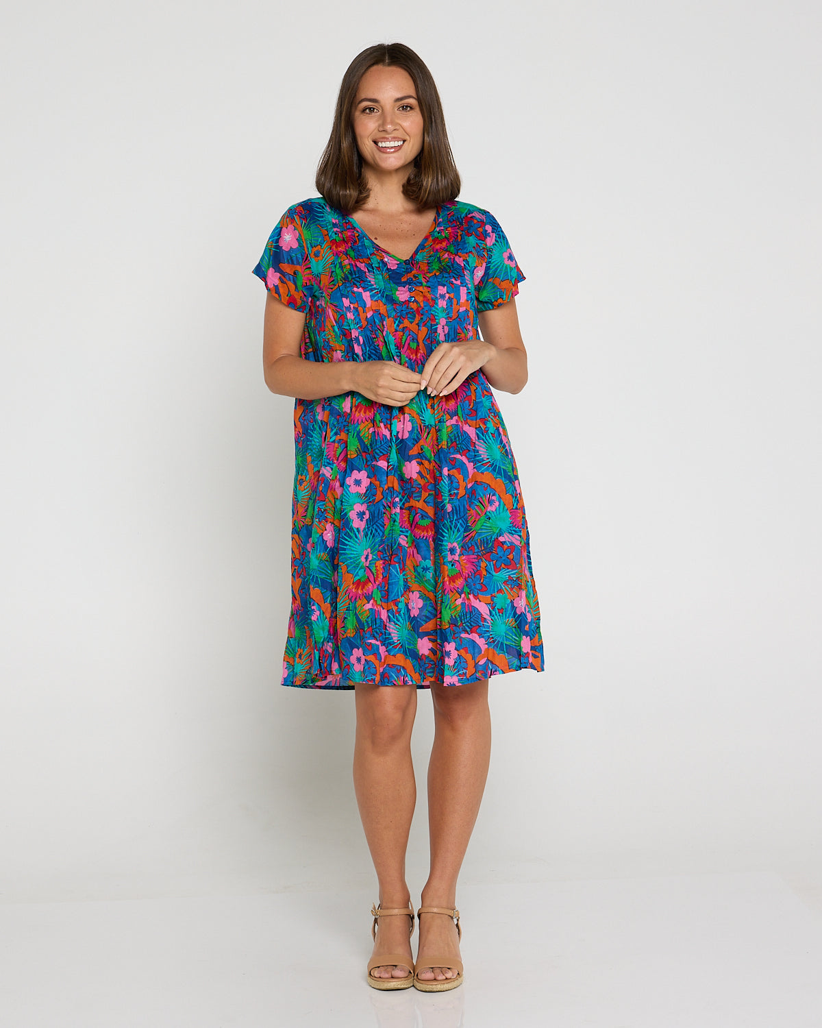 Nicola Cap Sleeve Cotton Dress - Macau Tropical