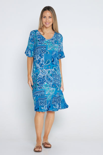 Jessica Sleeved Dress - Paisley Blue Patchwork