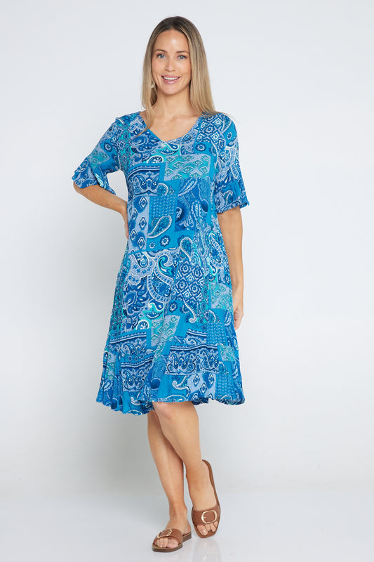 Jessica Sleeved Dress - Paisley Blue Patchwork