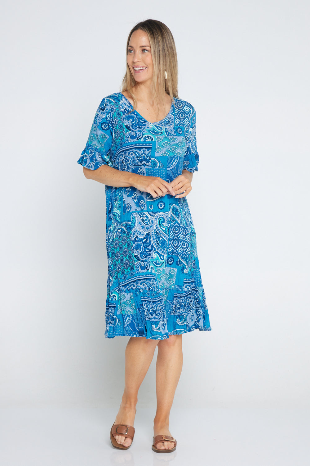 Jessica Sleeved Dress - Paisley Blue Patchwork