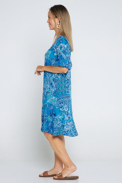 Jessica Sleeved Dress - Paisley Blue Patchwork