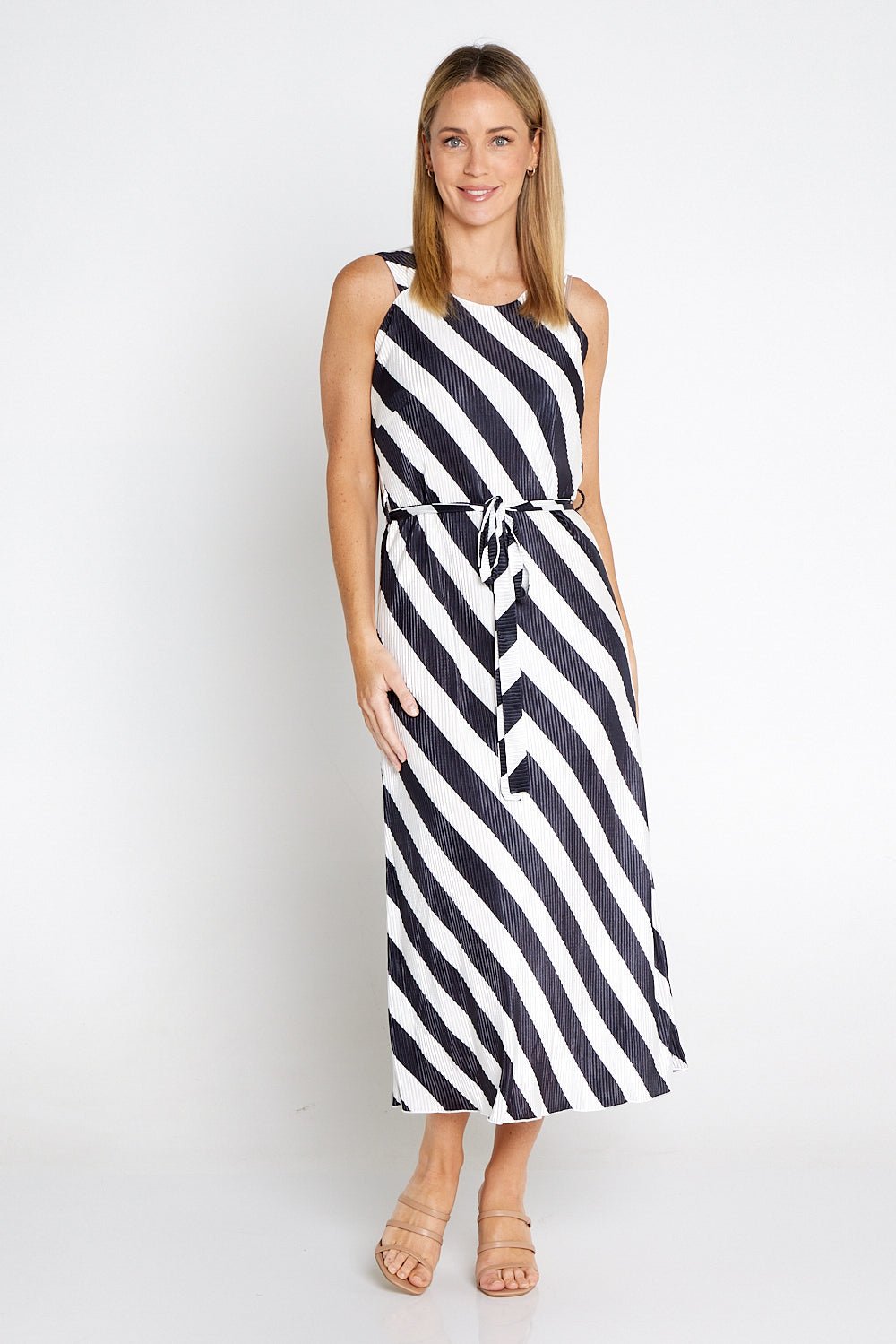 Divia Pleated Satin Dress Black White Stripe TULIO Fashion