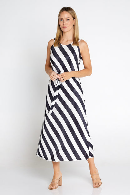 Divia Pleated Satin Dress - Black/White Stripe