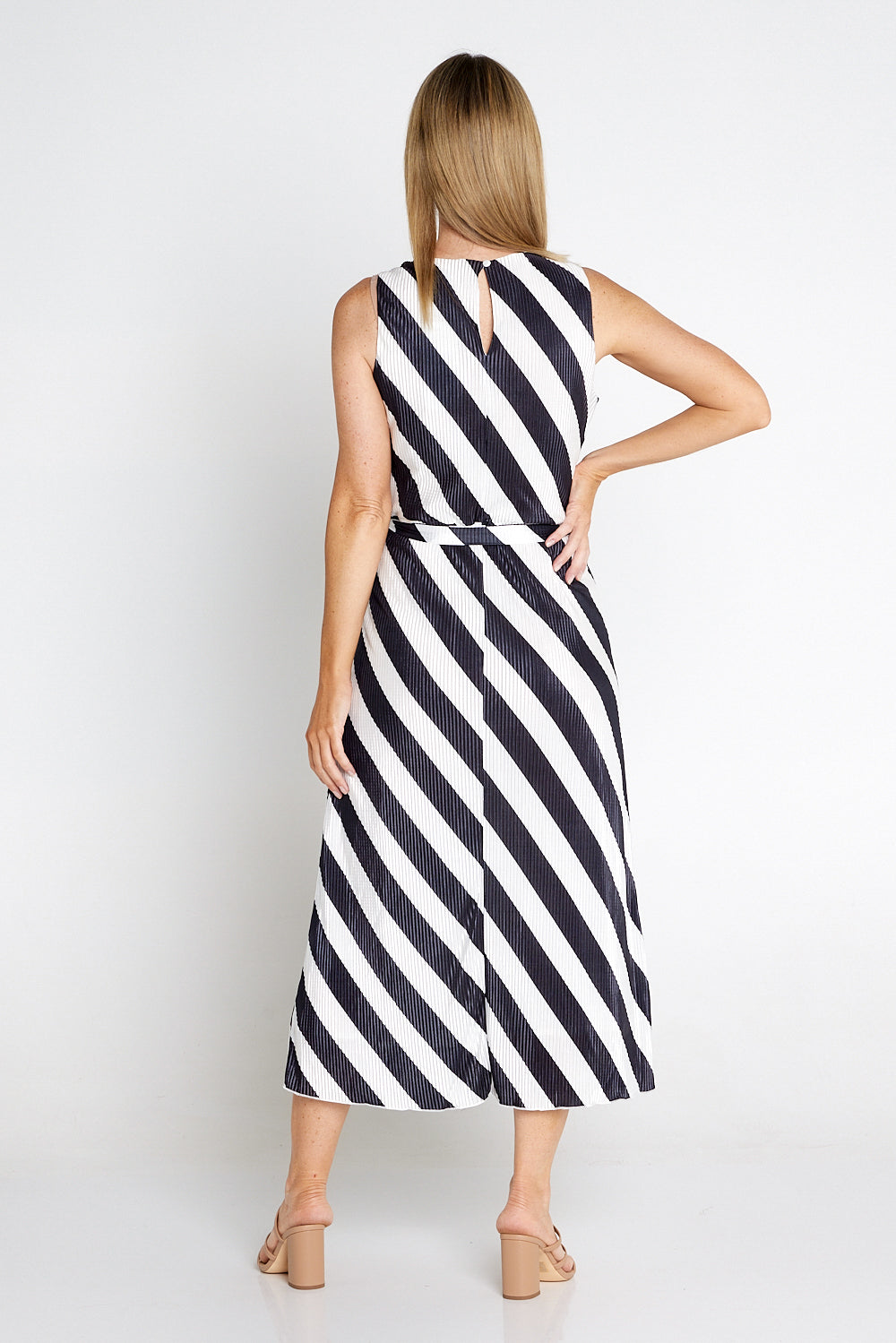 Divia Pleated Satin Dress Black White Stripe TULIO Fashion