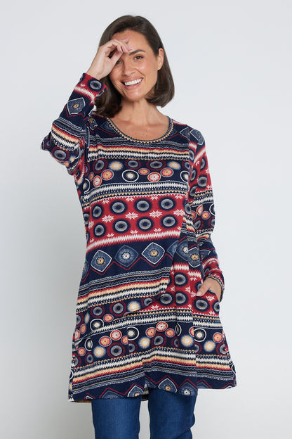 Divina Knit Tunic - Red/Navy Pattern
