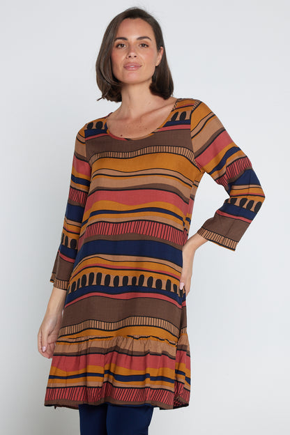 Cassandra Petite Dress - Ochre Organic Stripe