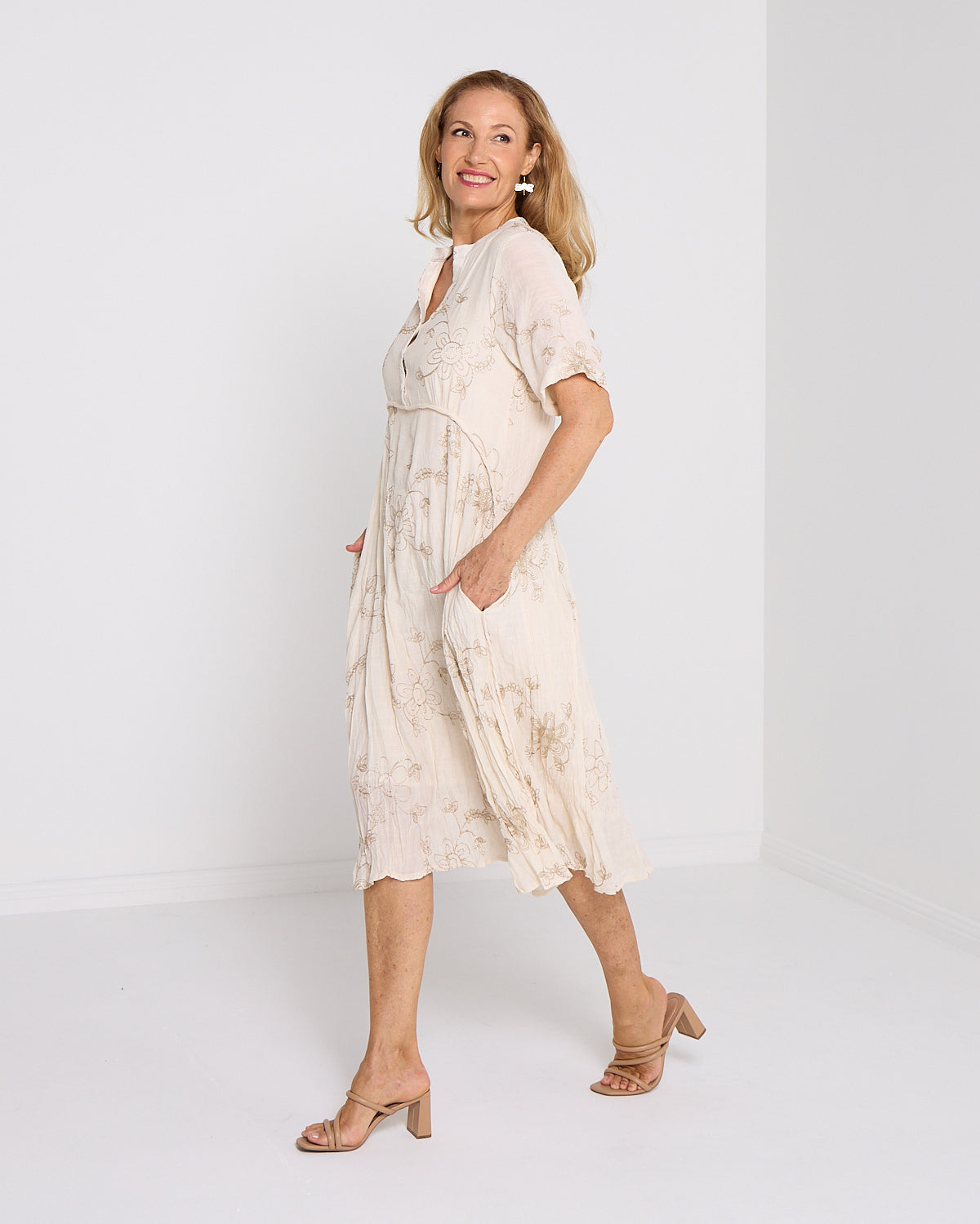 Newark Embroidered Dress - Cream/Gold