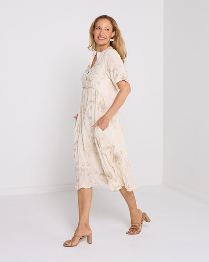 Newark Embroidered Dress - Cream/Gold