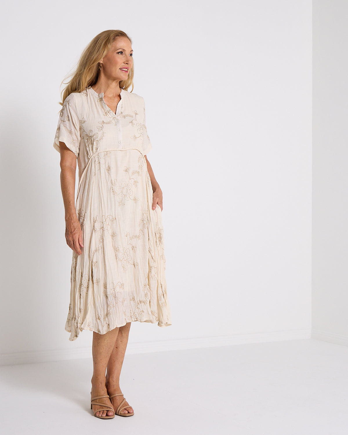 Newark Embroidered Dress - Cream/Gold