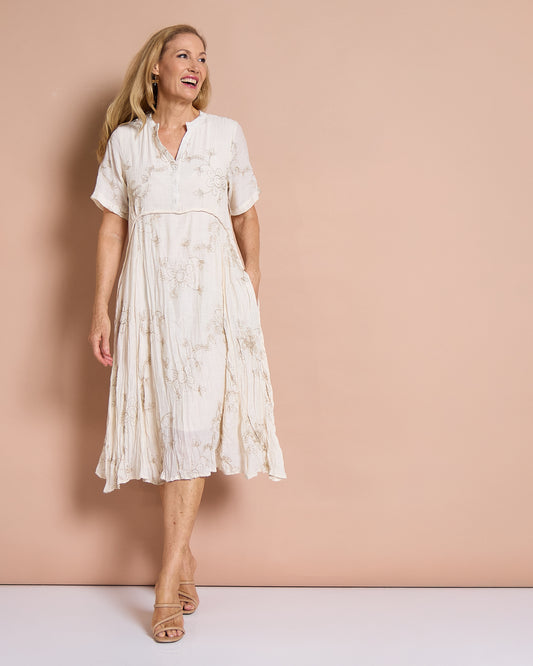 Newark Embroidered Dress - Cream/Gold