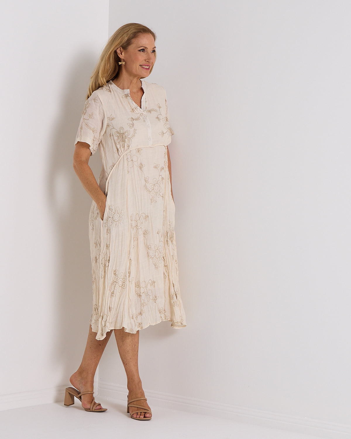 Newark Embroidered Dress - Cream/Gold