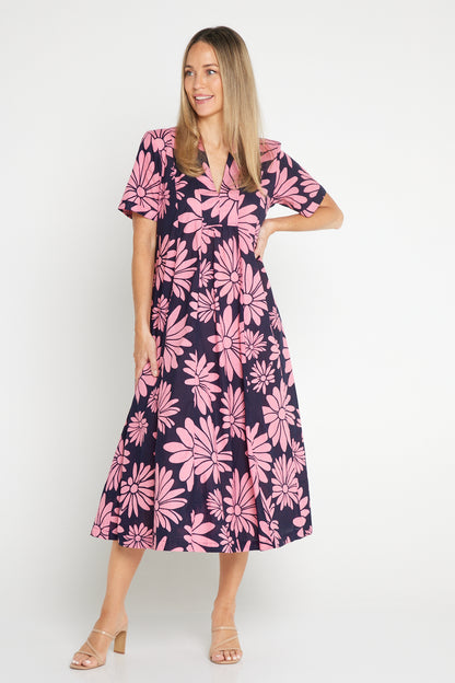 Edmonton Midi Dress - Navy Pink Floral