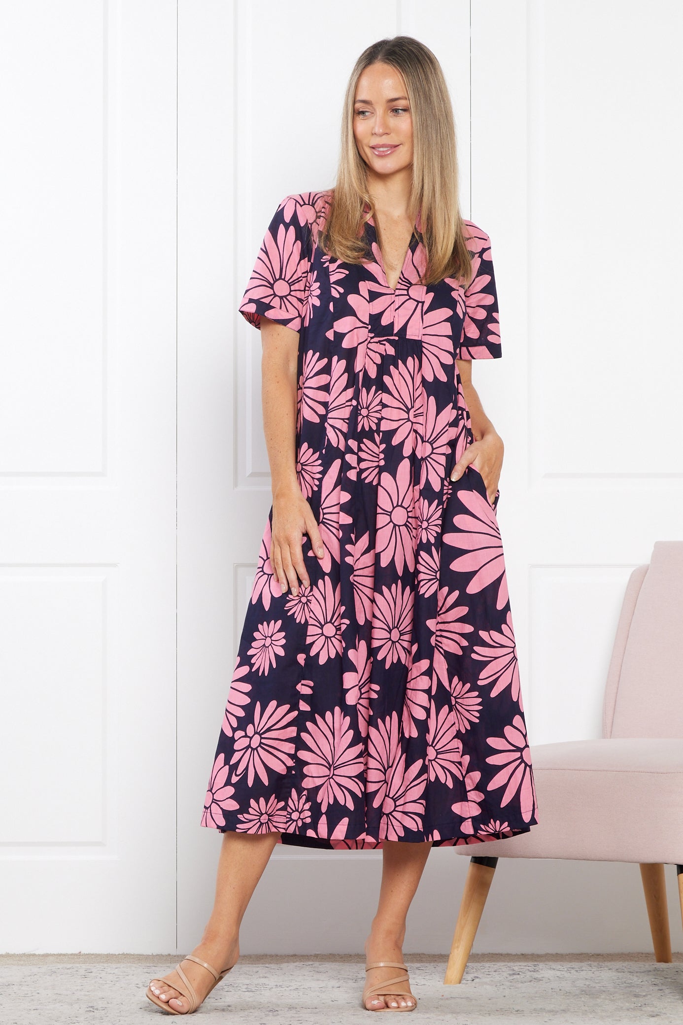 Edmonton Midi Dress - Navy Pink Floral