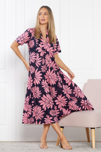 Edmonton Midi Dress - Navy Pink Floral