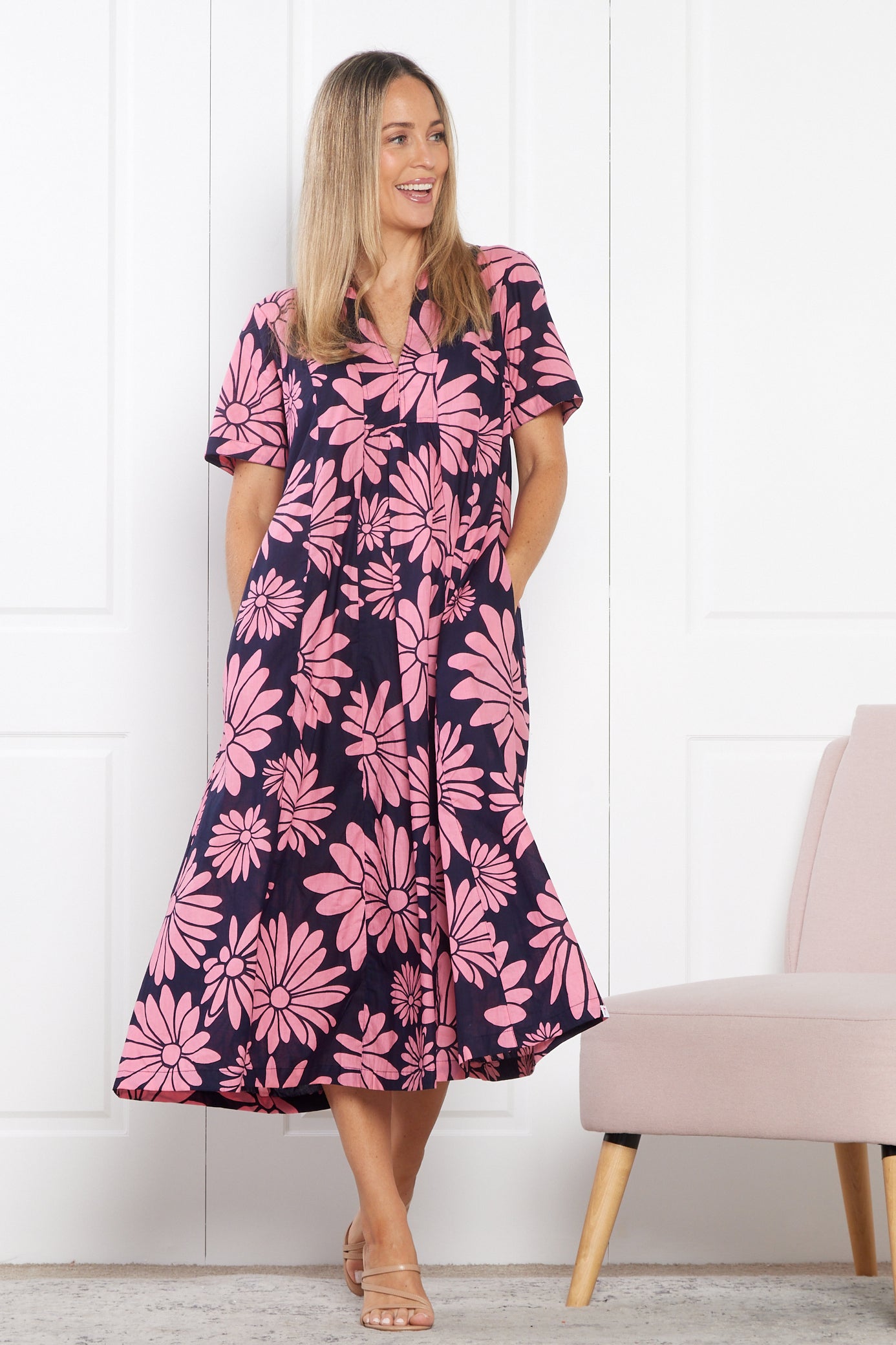 Edmonton Midi Dress - Navy Pink Floral