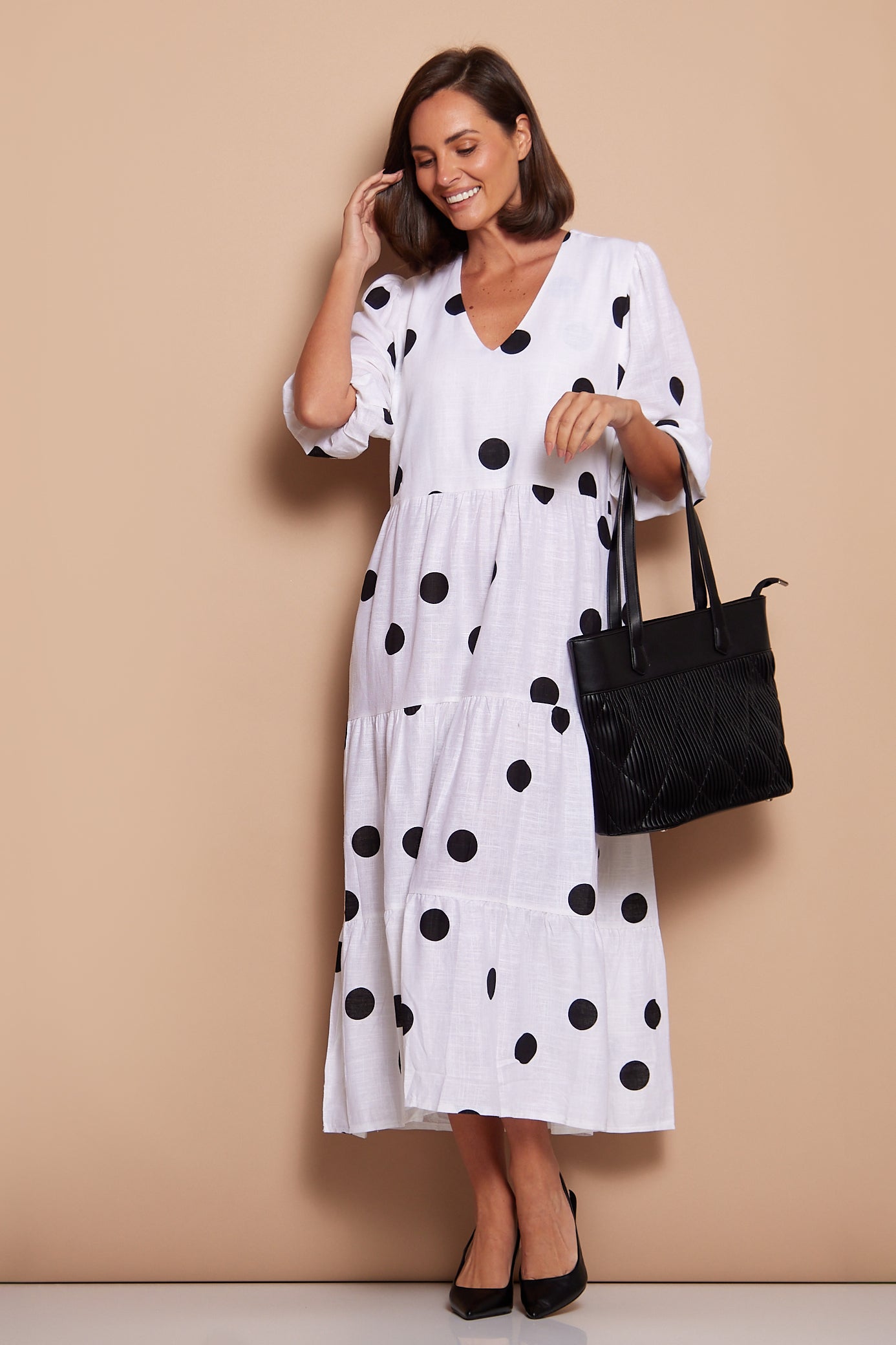 Eleanor Linen Dress White Black Spots TULIO Fashion