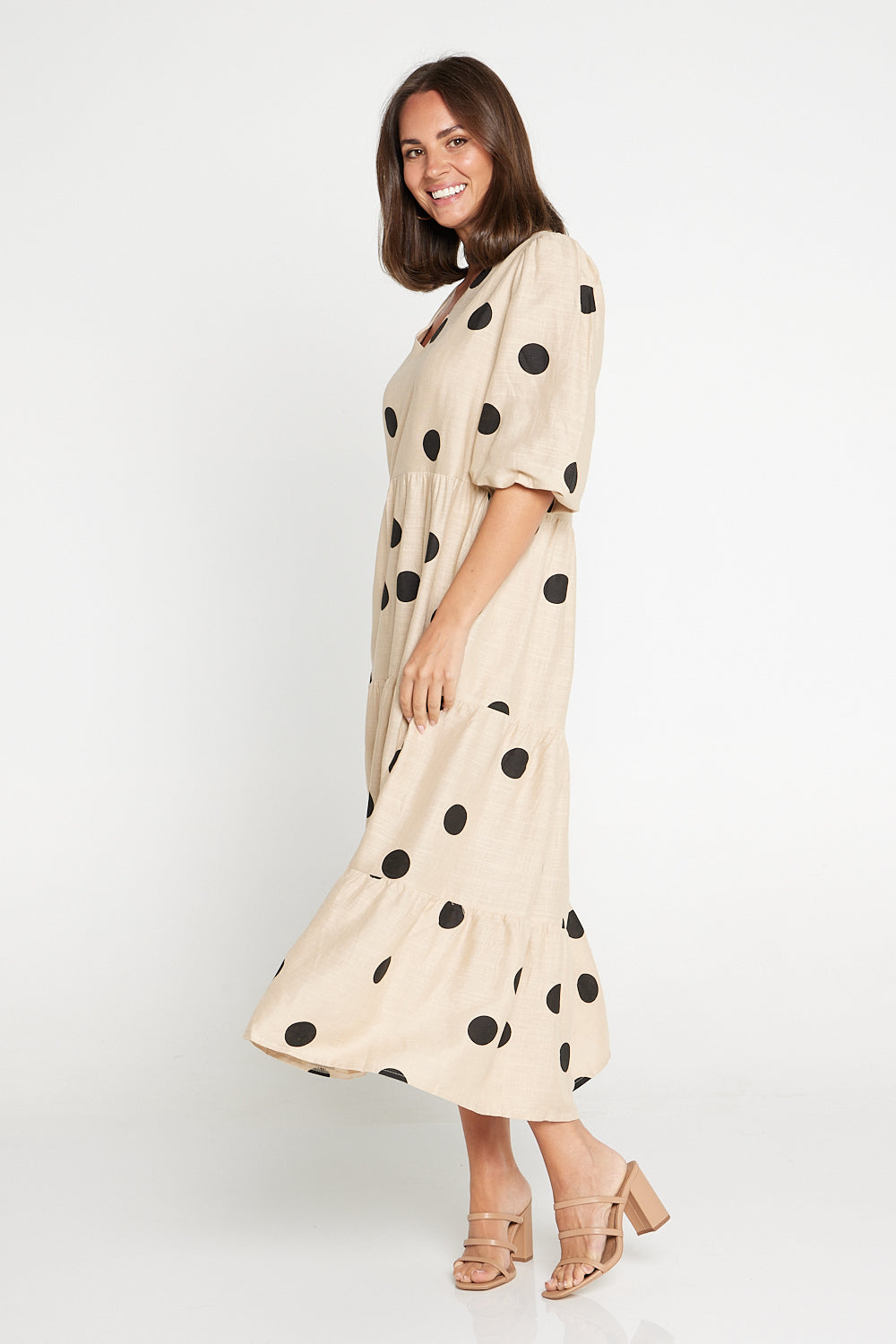 Eleanor Linen Dress - Beige/Black Spot