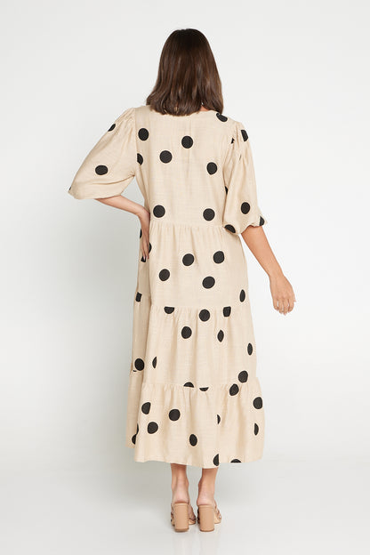 Eleanor Linen Dress - Beige/Black Spot