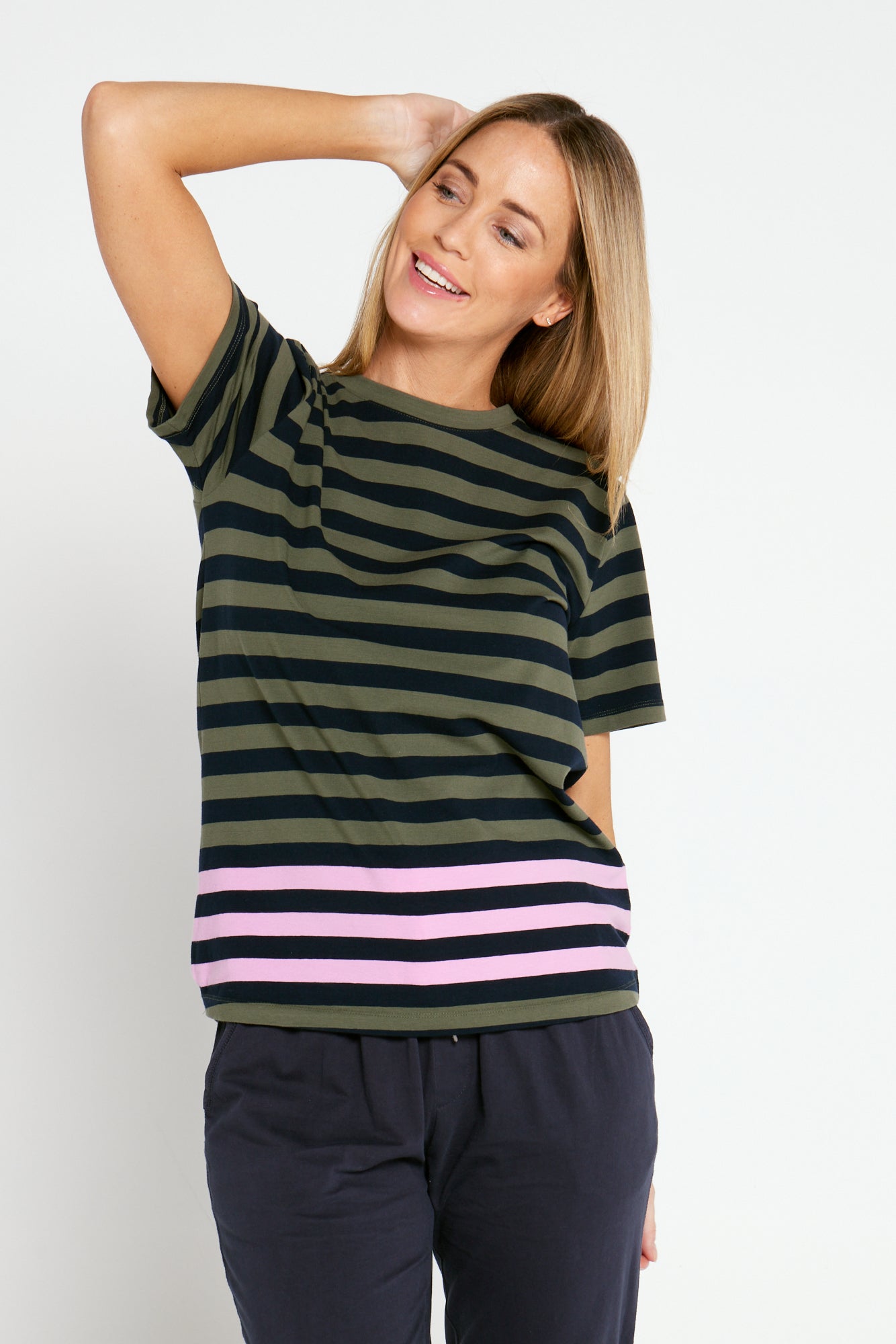 Turn Back Short Sleeve Tee - Navy/Khaki Stripe