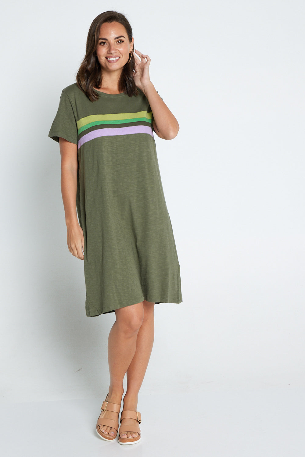 Linden Cotton Tee Dress - Khaki/Clover/Pearl Stripe
