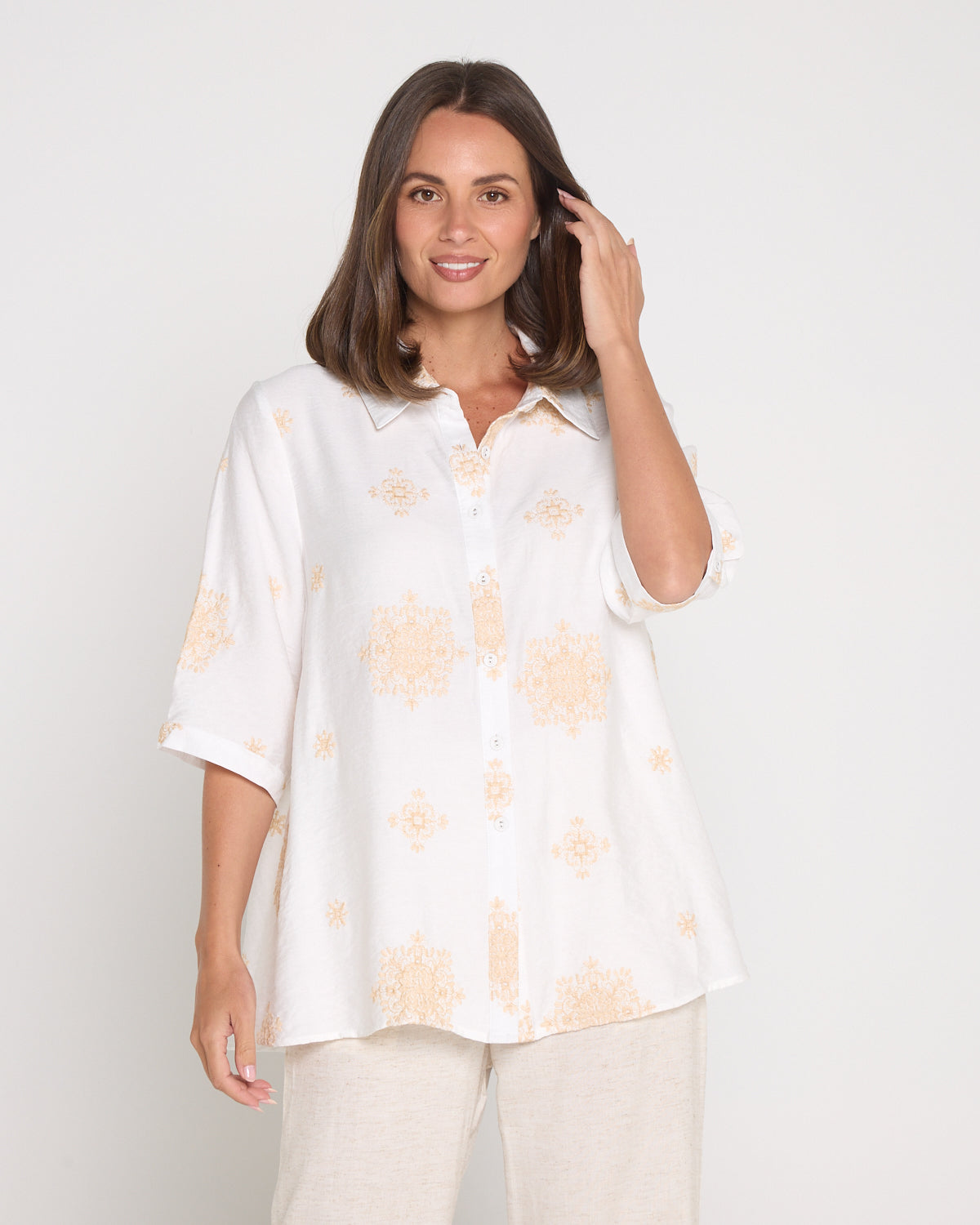 Cindy Shirt - Ivory/Beige Embroidered