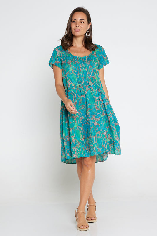 Emery Cotton Dress - Aqua Print