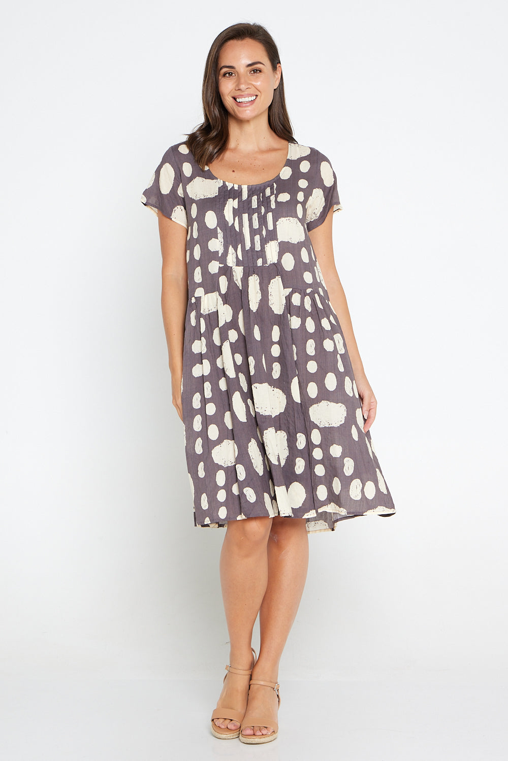 Emery Cotton Dress - Mushroom/Cream Spot