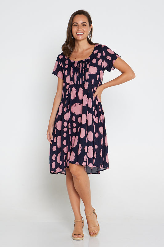 Emery Cotton Dress - Navy/Pink Spot