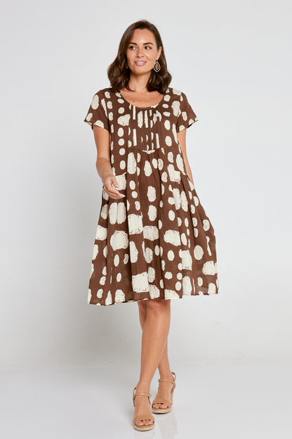 Emery Cotton Dress - Mocha/Cream Spot