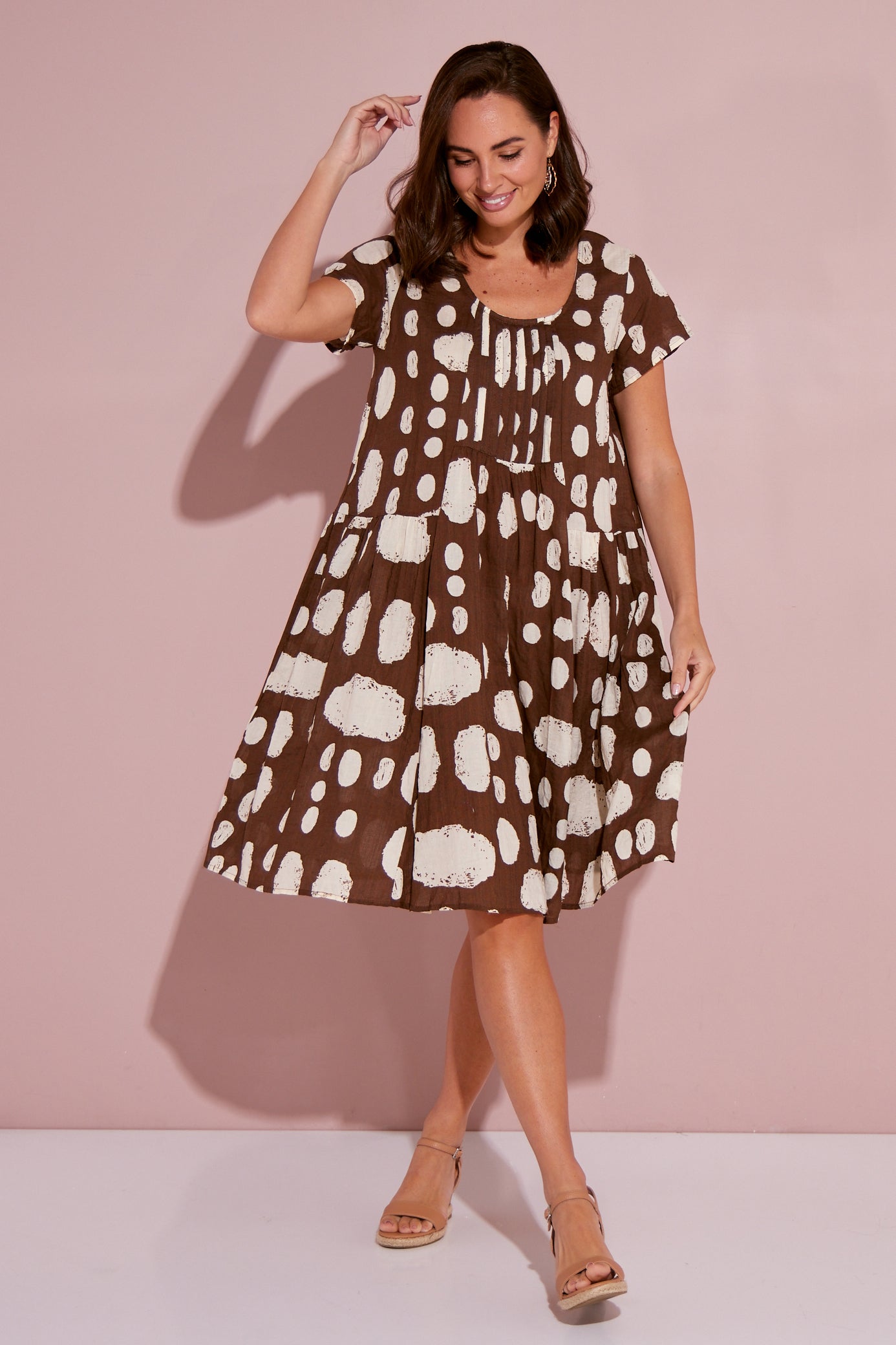 Emery Cotton Dress - Mocha/Cream Spot