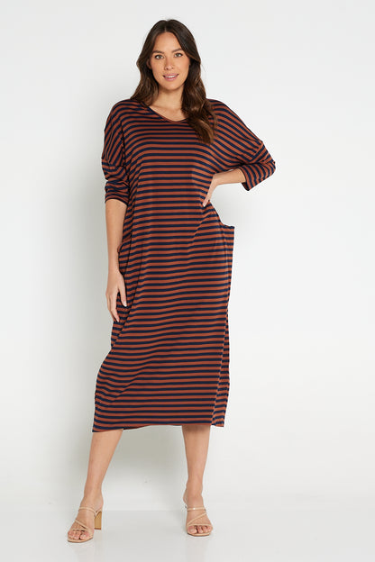 Emmy Maxi Dress - Brown Navy Stripe