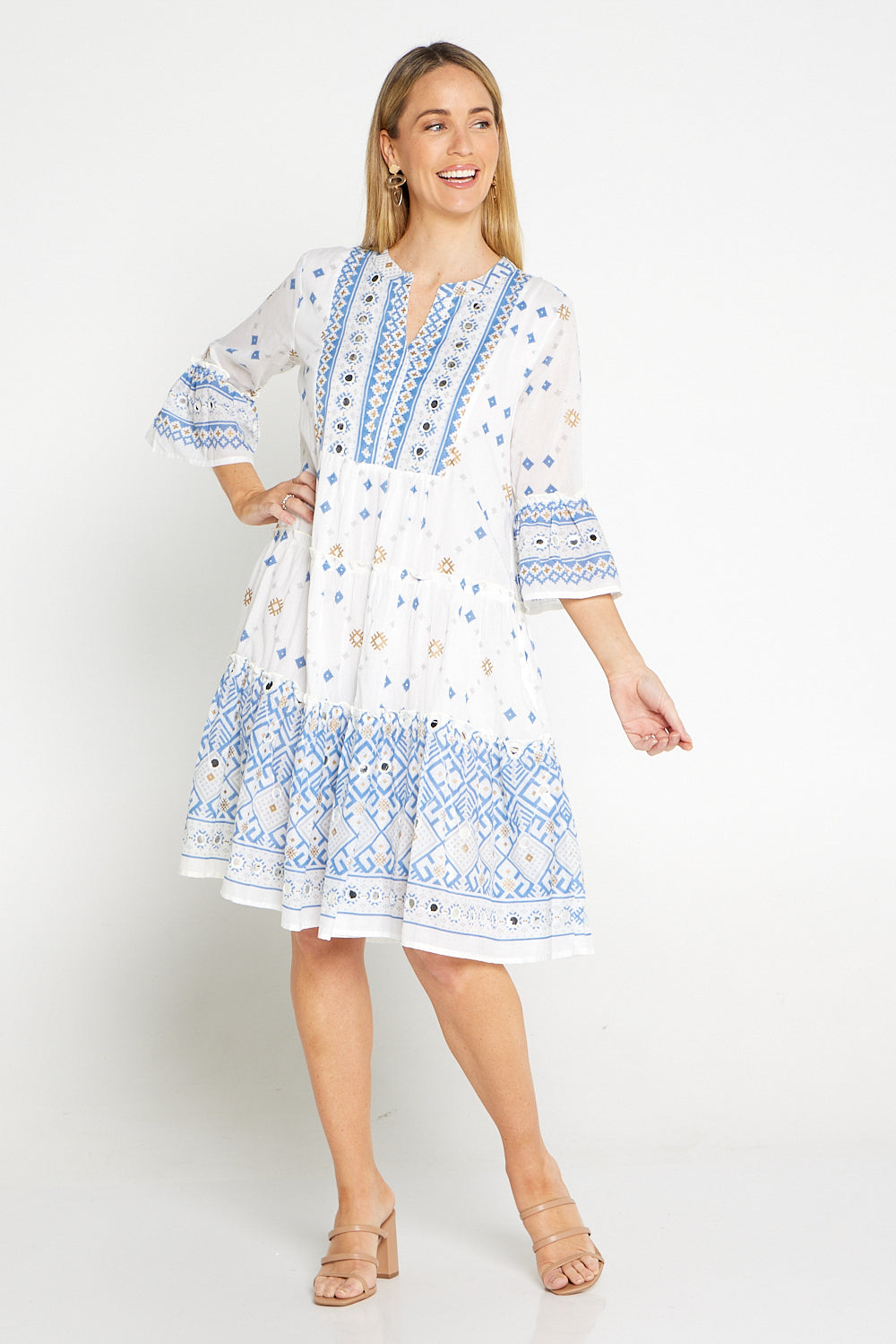 Mia Frill Sleeve Cotton Dress - White/Blue Print