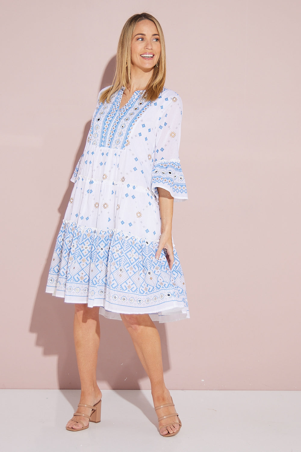 Mia Frill Sleeve Cotton Dress - White/Blue Print