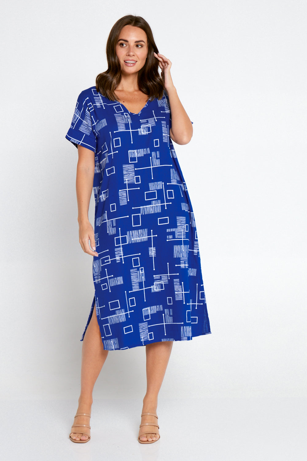 Esiteri Linen Dress - Royal Blue Geo