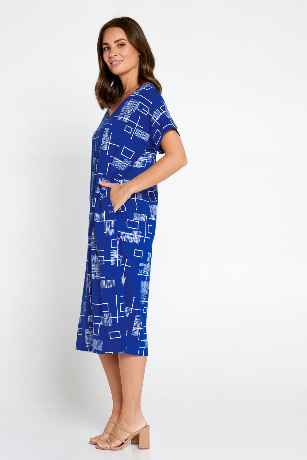 Esiteri Linen Dress - Royal Blue Geo