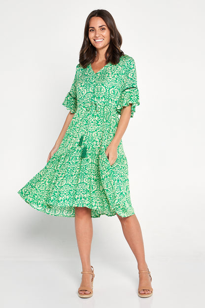 Estella Dress - Green Damask Print
