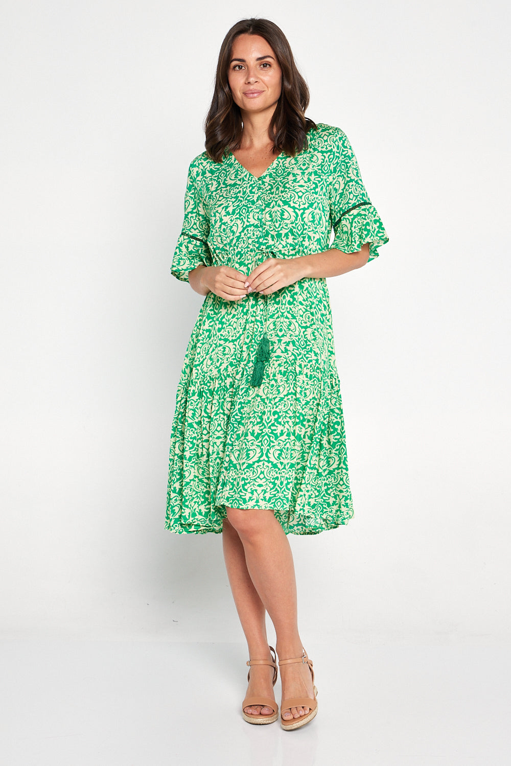 Estella Dress - Green Damask Print